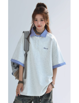 CHANT2nd Women’s Preppy Style Fake Two-Piece Polo T-Shirt | Summer Plaid Patchwork Short Sleeve Top