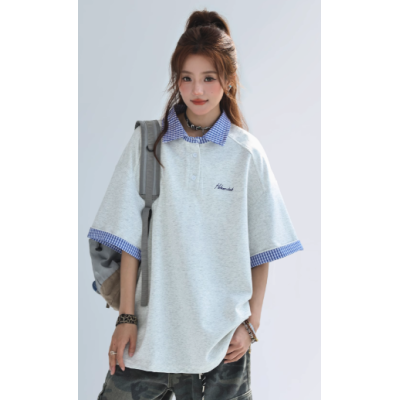CHANT2nd Women’s Preppy Style Fake Two-Piece Polo T-Shirt | Summer Plaid Patchwork Short Sleeve Top