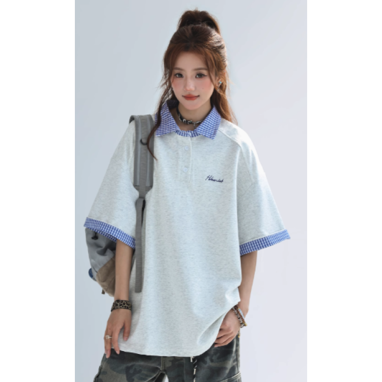 CHANT2nd Women’s Preppy Style Fake Two-Piece Polo T-Shirt | Summer Plaid Patchwork Short Sleeve Top